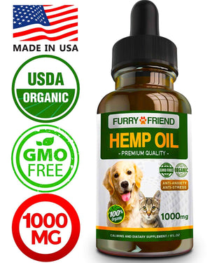 Hemp Oil for Dogs & Cats - 1000 mg - Anxiety Relief for Dogs & Cats - 100% Organic Pet Hemp Oil - Supports Hip & Joint Health - Grown & Made in USA - Natural Relief for Pain